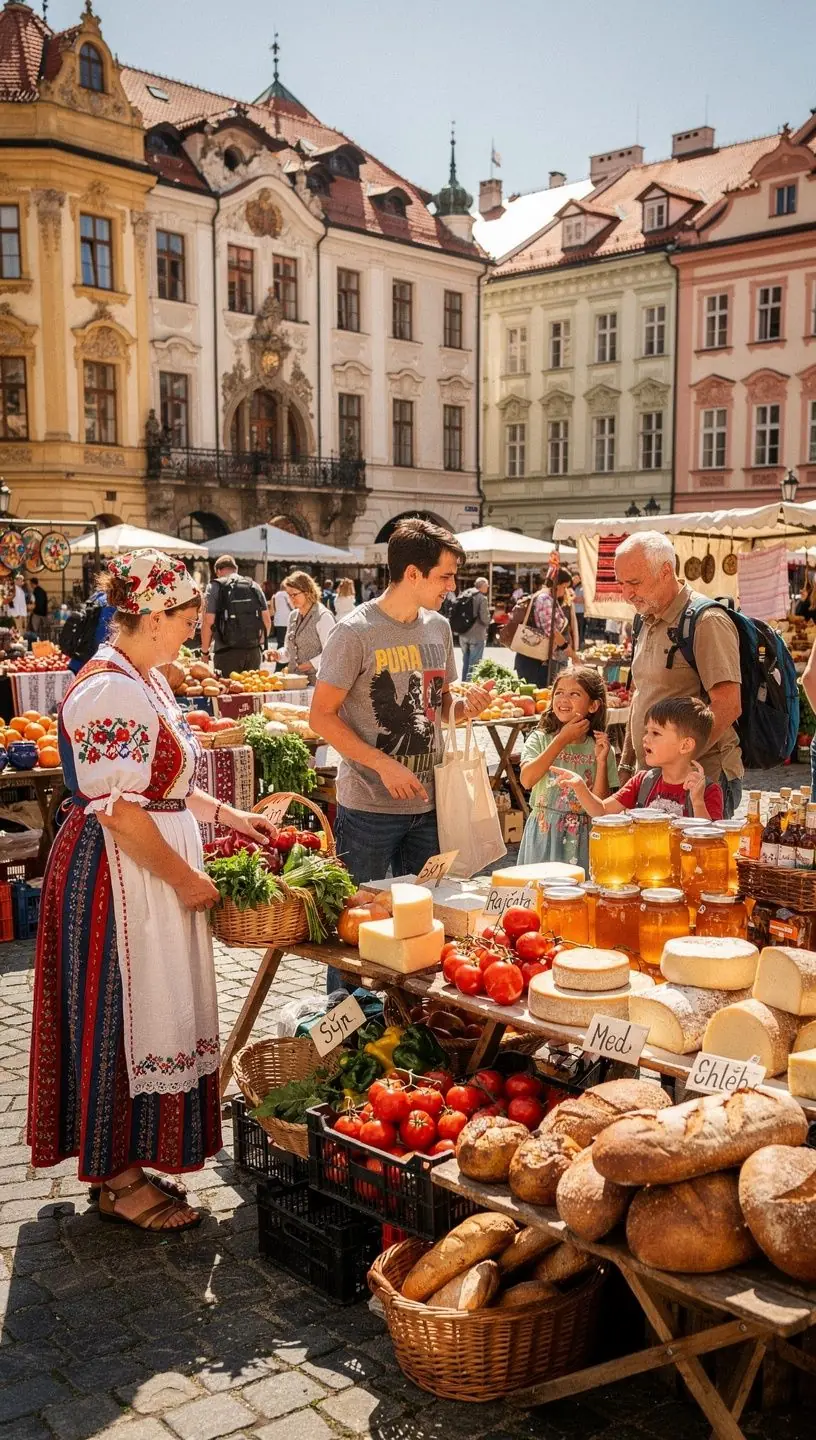 Turisté odpočívající na lavičce s výhledem na malebné údolí a řeku Vltavu.